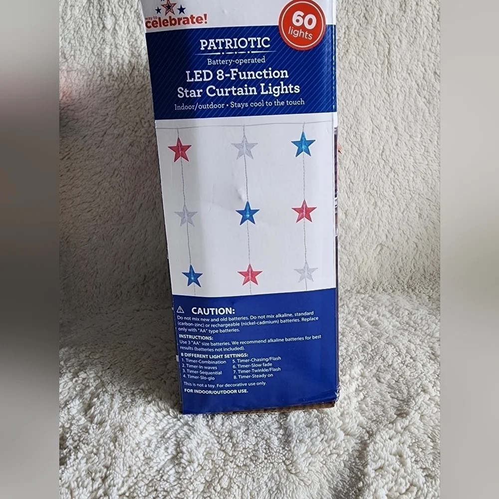 NWT Patriotic 60-Count 8-Function Battery-Operated LED Star Curtain Lights LOT